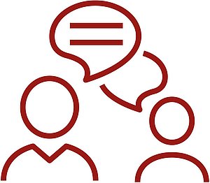 Rote Linienzeichnung von zwei stilisierten Personen mit Sprechblasen, eine Sprechblase enthält zwei parallele Linien
